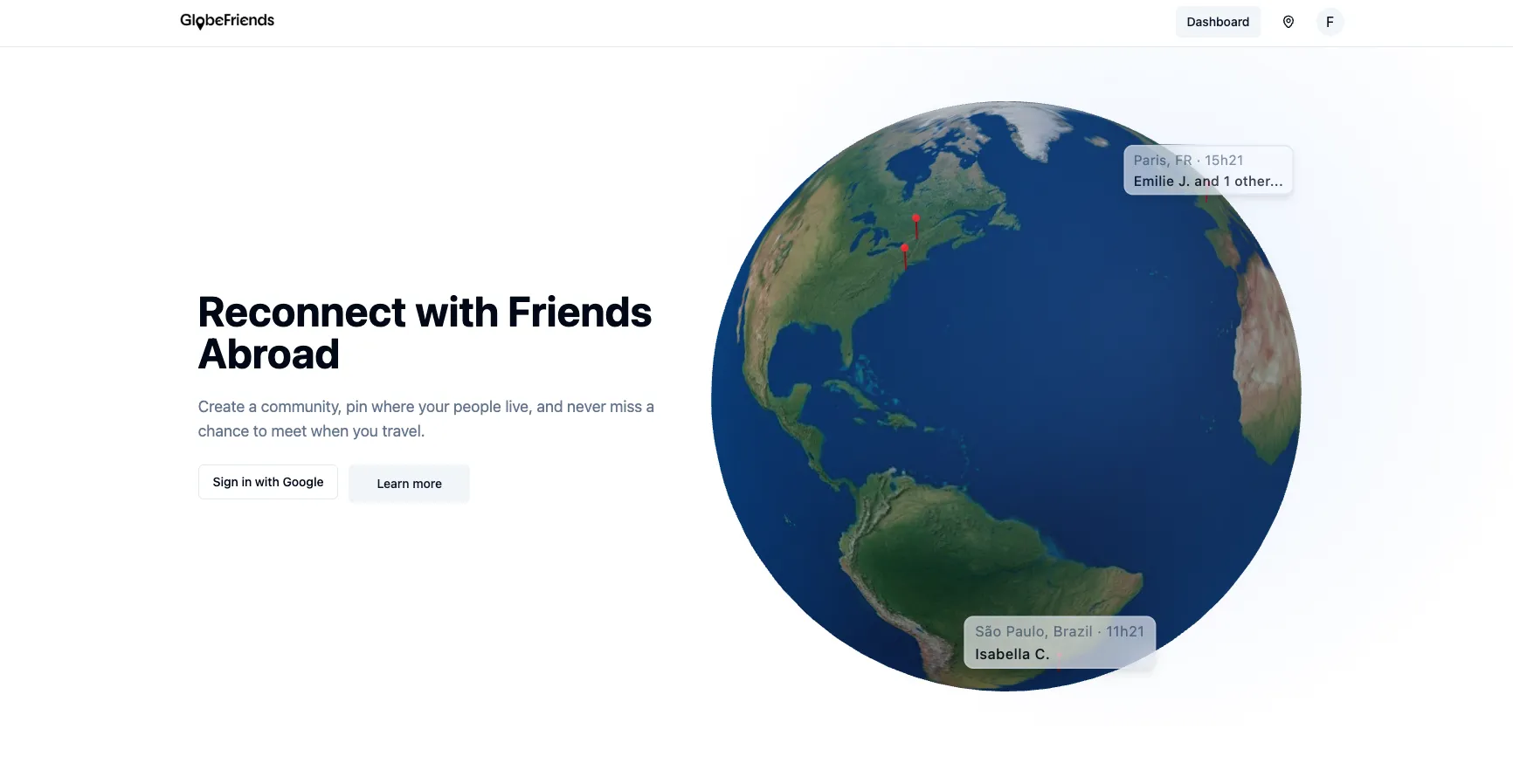 GlobeFriends app screenshot showing world map